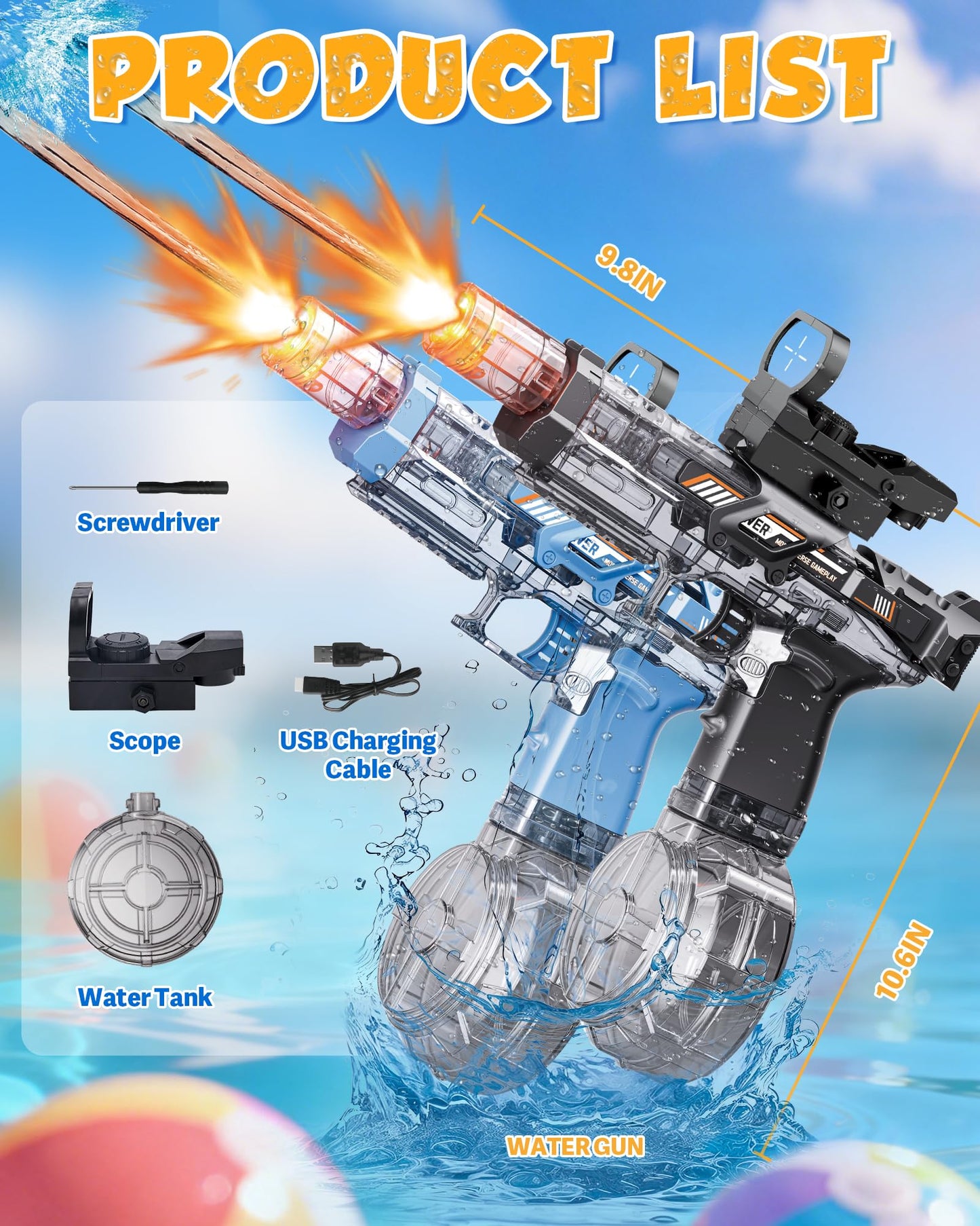Nicojoy Electric Water Gun Fire Flash Upgraded, 320 Capacity Water Pistol Toy Squirt Gun for Kids Adults, Summer Outdoor Toy Yard Beach Swimming Water Play Toys (Black)