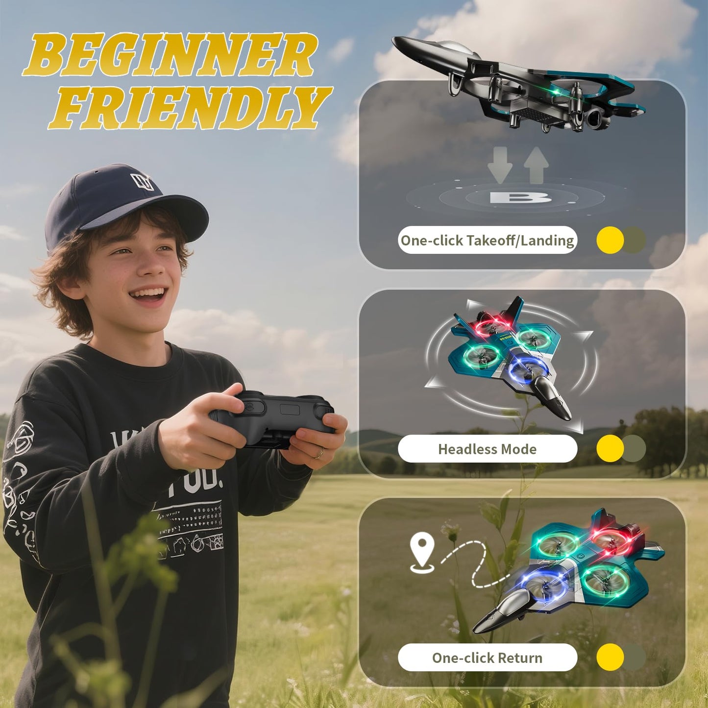4DRC Foam RC Plane for Adults Kids, Remote Control Airplane Toys for Boys Kids Adults Beginners, RC Planes Fighter Jet Helicopter Drones for Kids Adults, 360° Flip Easy to Fly