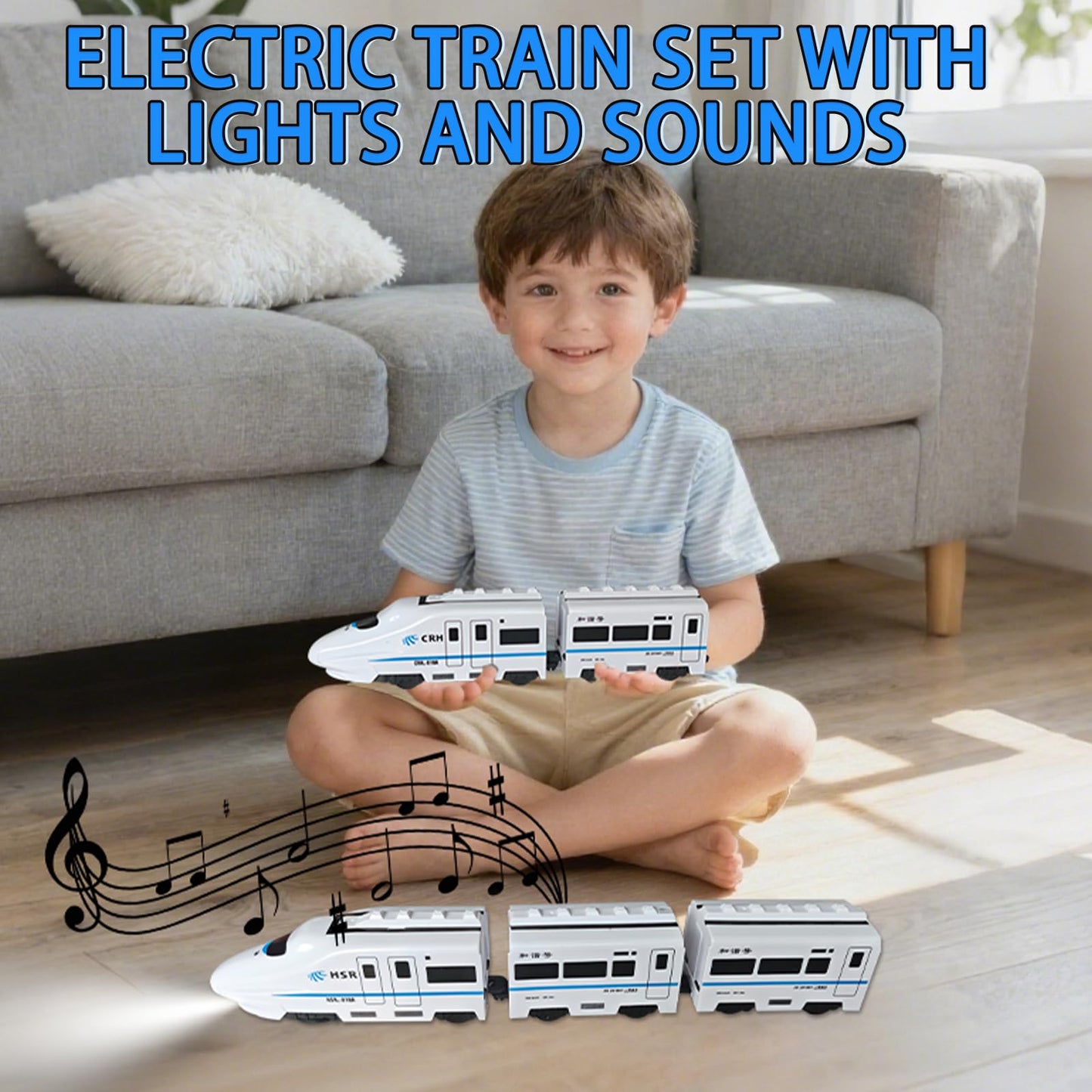Toy Train Set, 5 Pack Electric Bullet Train with Light and Sound, Battery Operated Subway Locomotive Engine Car with Hook, Automatic Turning Railway Trains Toy for Kids Boys and Girls Age 3 Up