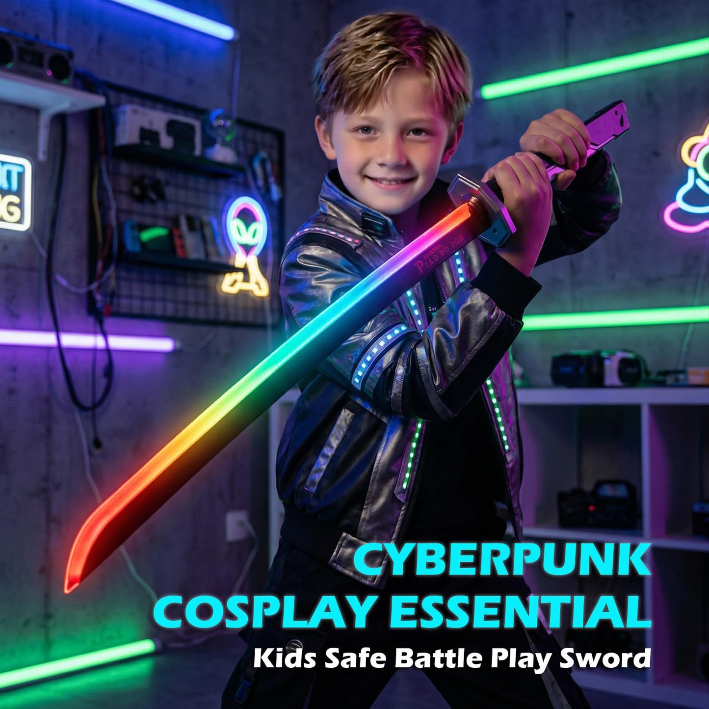 Spark Sword Light Up Sword, 31.5" Cyberpunk Katana with USB-C Rechargeable, Safe LED Glow Sword for Kids Cosplay, Realistic Sasuke Style Toy for Halloween, LARP, Anime Battle & Gift (Grey)