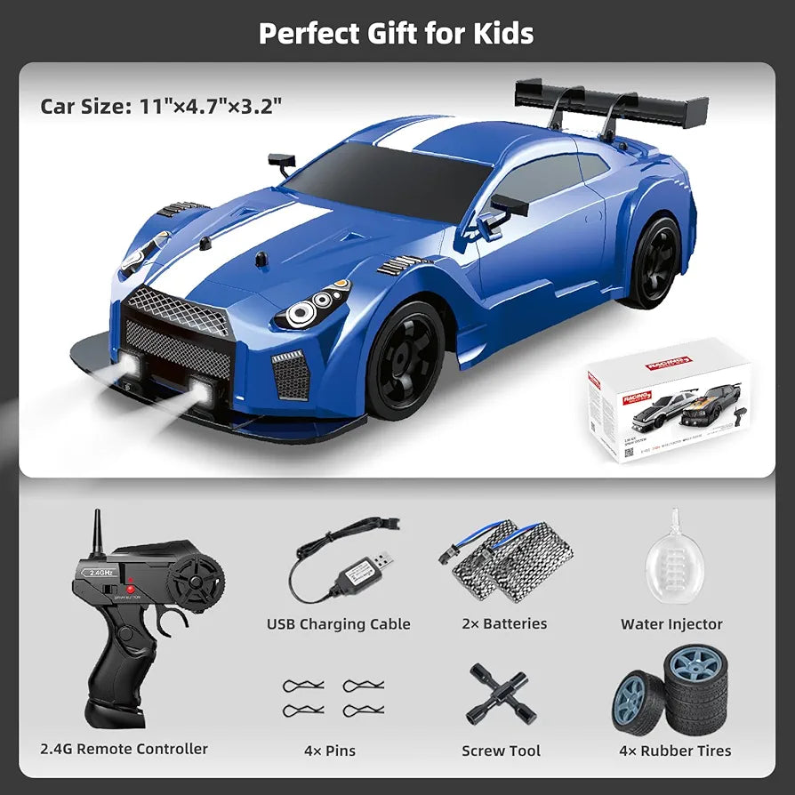 RC Drift Car 2.4GHz 1:16 Scale 4WD High Speed Remote Control Cars Vehicle with LED Lights Two Batteries and Drifting Tires Racing Sport Toy Cars for Adults Boys Girls Kids