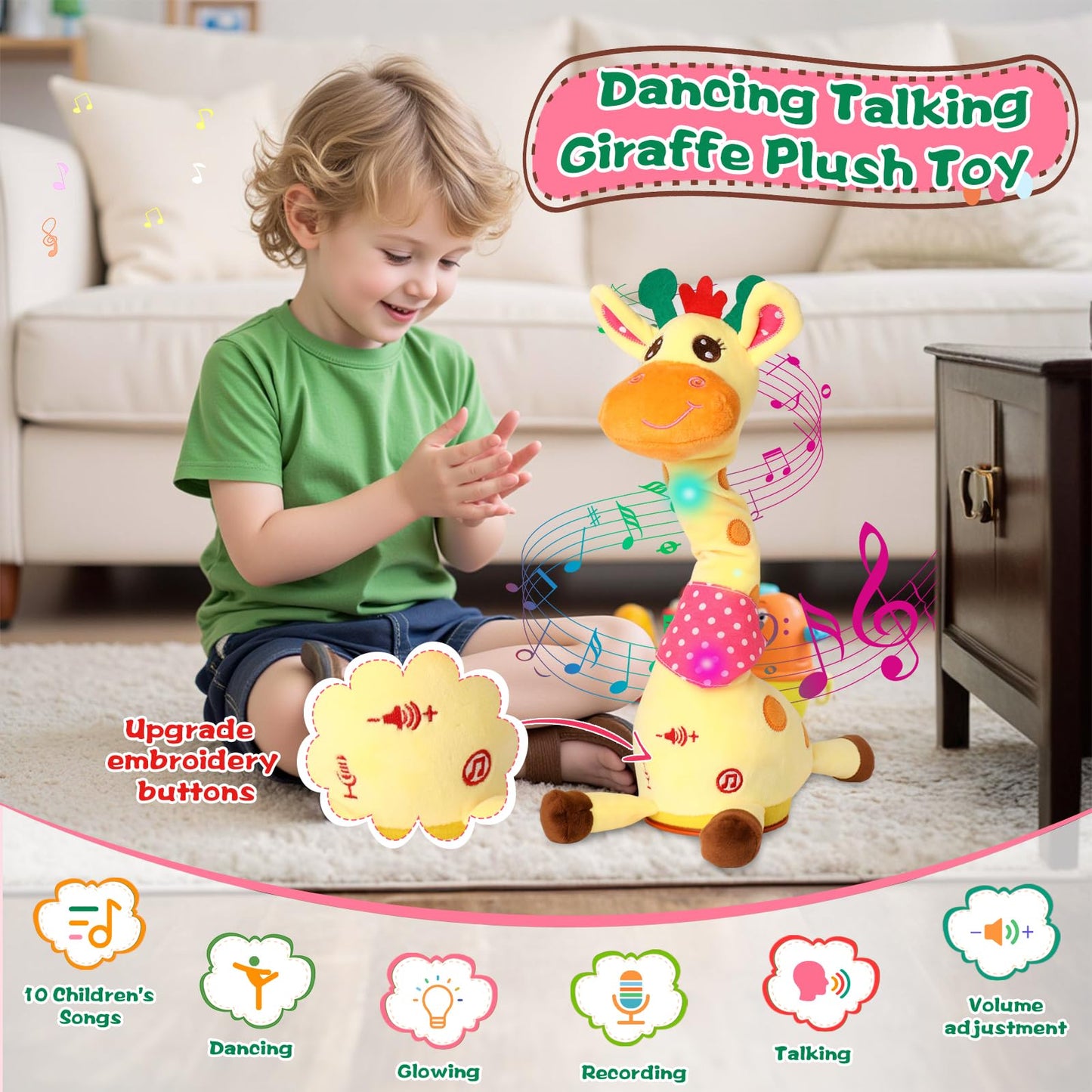 MIAODAM Dancing Talking Giraffe Stuffed Animals, Singing 10 Children's Song, Repeats What You Say, Colorful Glowing Giraffe Plush Baby Toys for Toddlers 1-3 Years，Easter Day Gifts for Kids