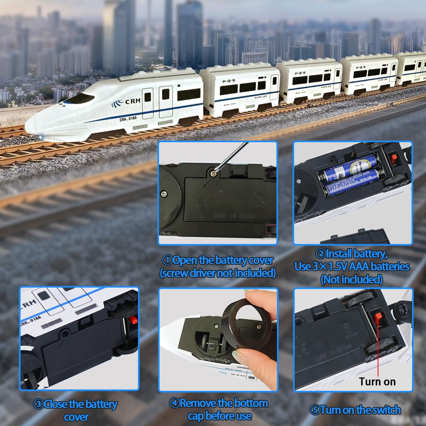 Toy Train Set, 5 Pack Electric Bullet Train with Light and Sound, Battery Operated Subway Locomotive Engine Car with Hook, Automatic Turning Railway Trains Toy for Kids Boys and Girls Age 3 Up