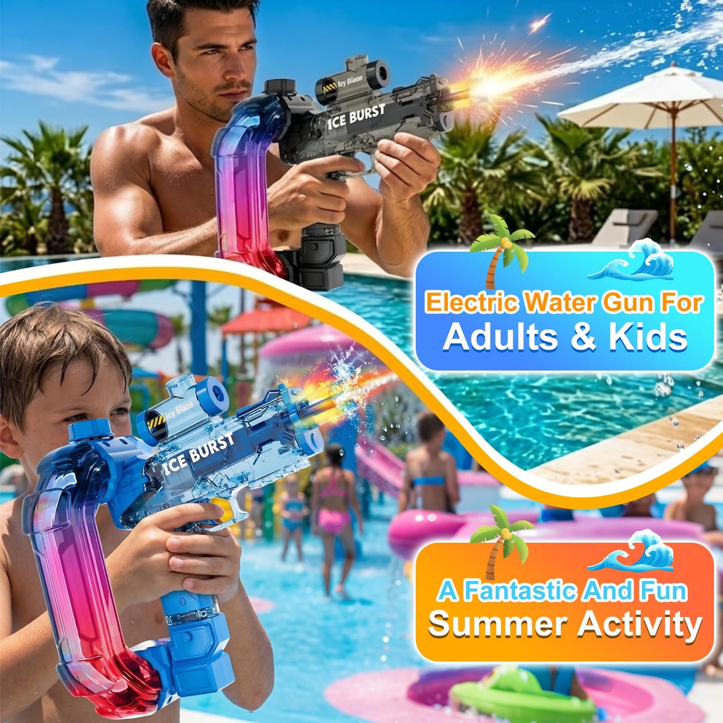 UROINT Electric Water Gun for Adults Kids,Powerful Automatic WaterGun with Led Light Long Range, Transparent Electric Squirt Gun Blaster Outdoor Pool Party Toy Gift for Boys Girls (Pistol 2Pack)