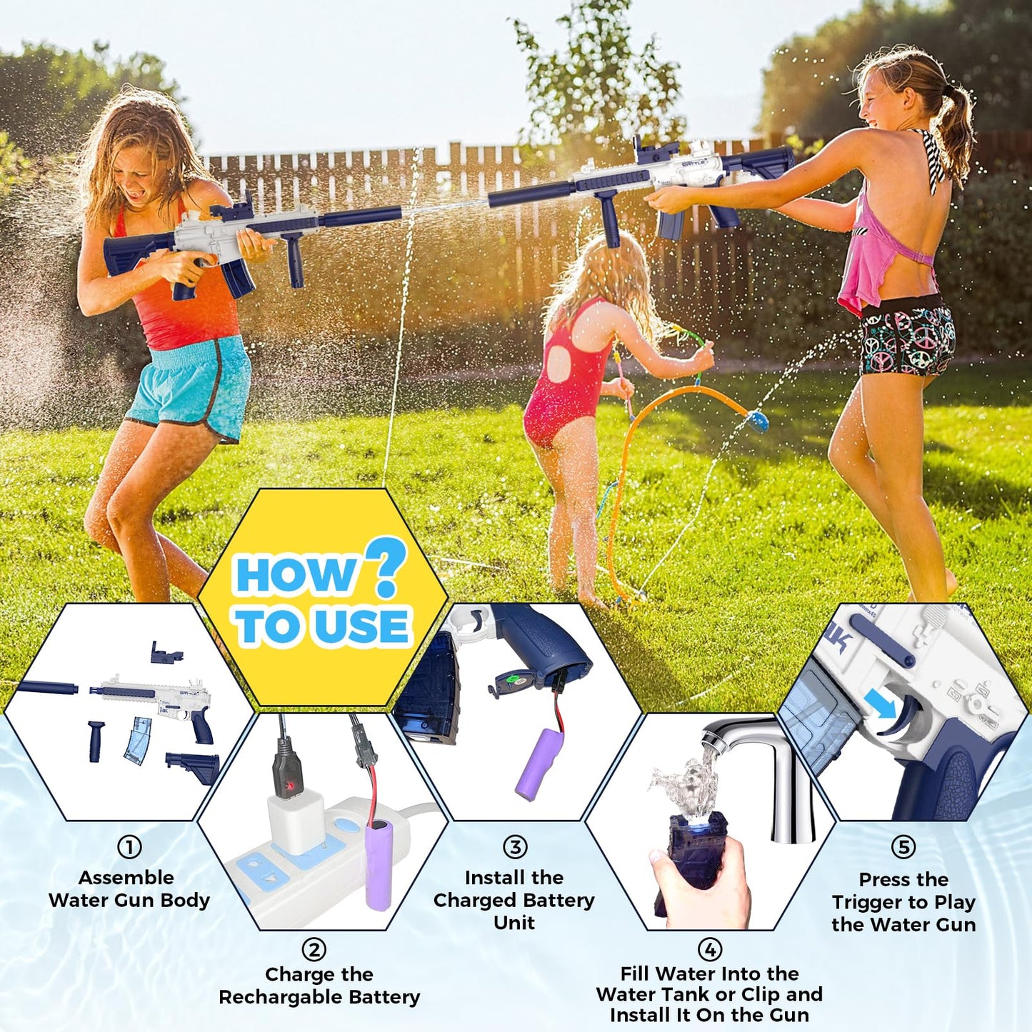Electric Water Gun,Water Gun Toy,Squirt Gun Water Blaster up to 32 FT Long Range,Outdoor Pool Party Shooting Game Toy with 2 Batteries and 2 Water Tanks,Ideal Summer Watergun Gift for Kids & Adults.