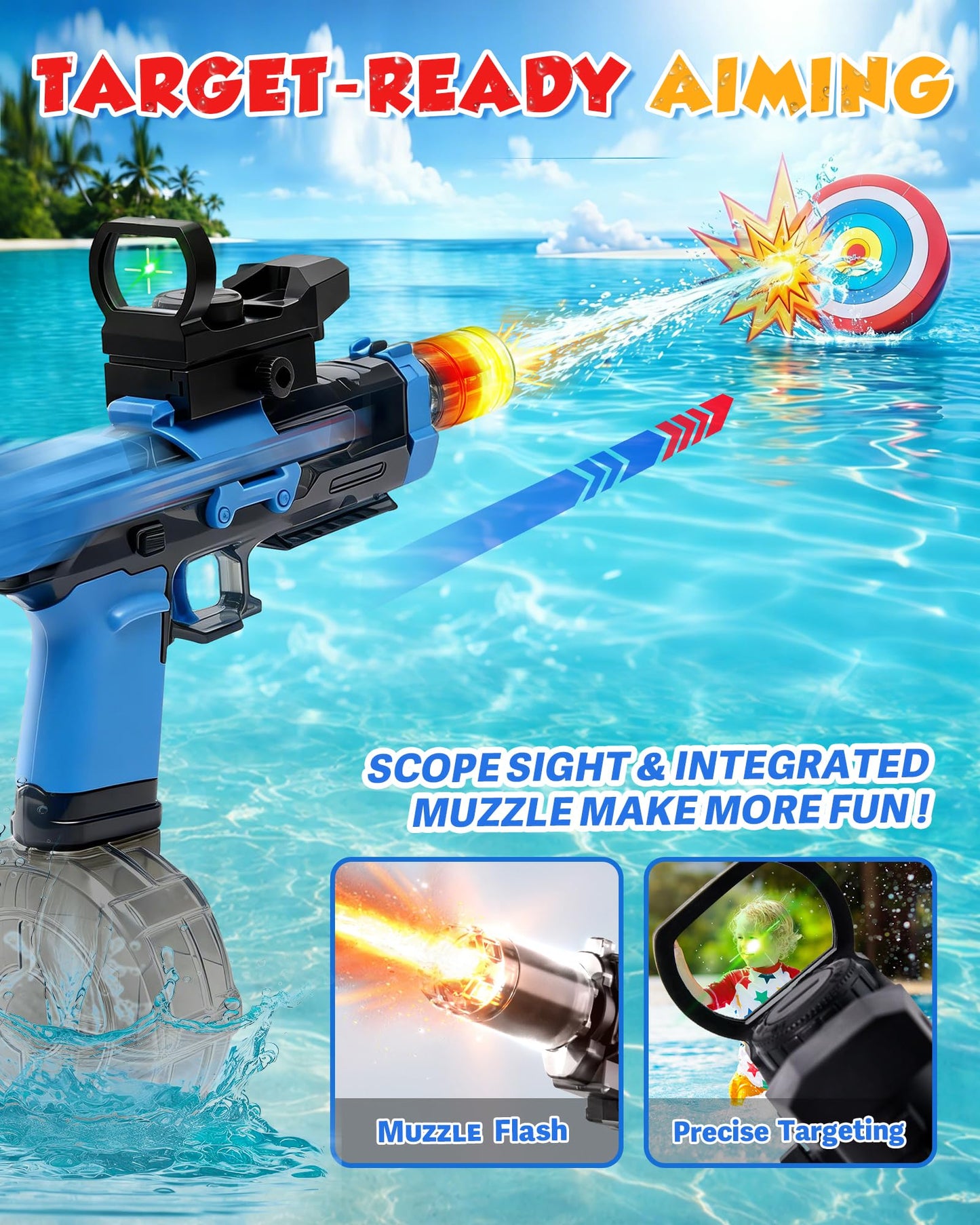 Nicojoy Electric Water Gun Fire Flash Upgraded, 320 Capacity Water Pistol Toy Squirt Gun for Kids Adults, Summer Outdoor Toy Yard Beach Swimming Water Play Toys (Black)
