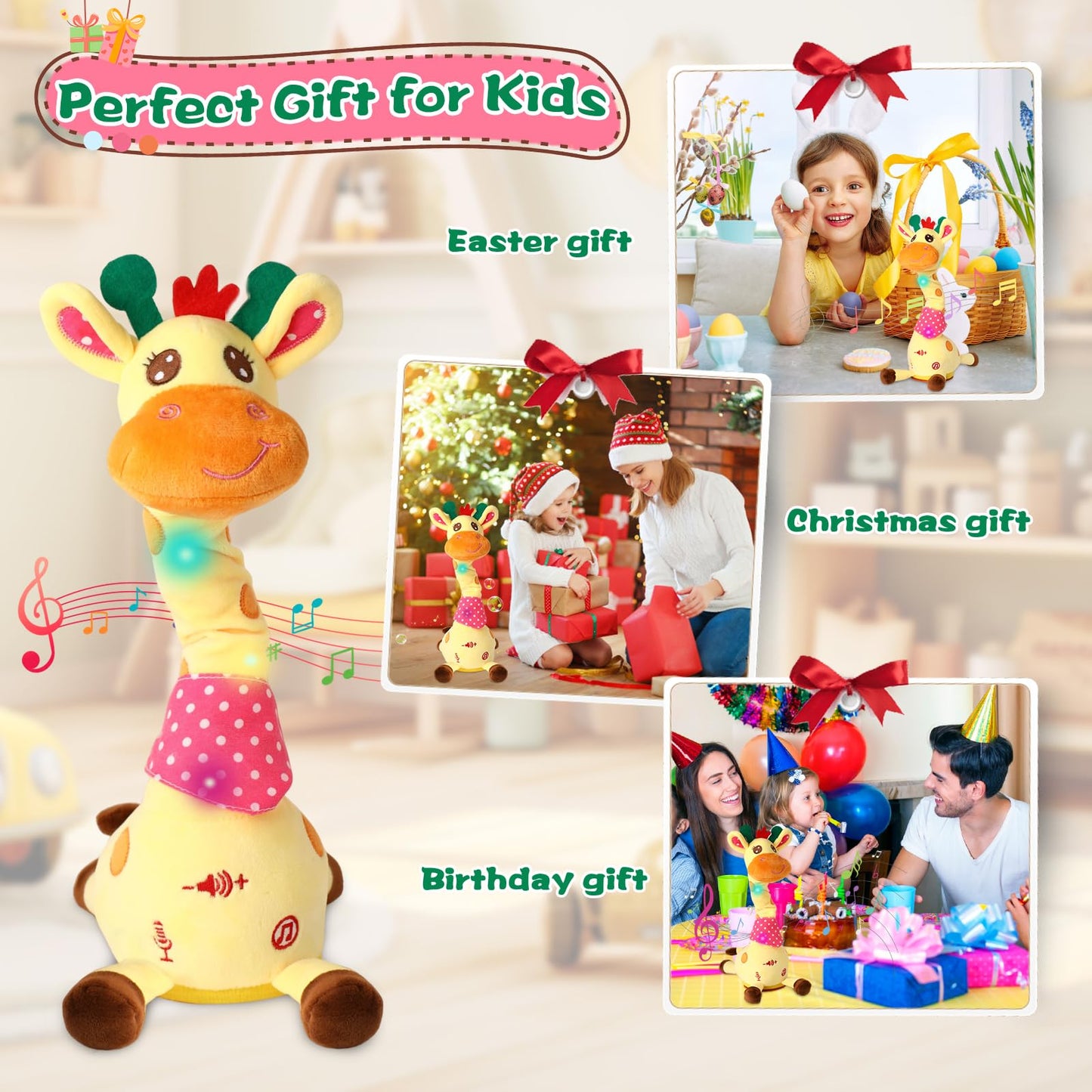 MIAODAM Dancing Talking Giraffe Stuffed Animals, Singing 10 Children's Song, Repeats What You Say, Colorful Glowing Giraffe Plush Baby Toys for Toddlers 1-3 Years，Easter Day Gifts for Kids