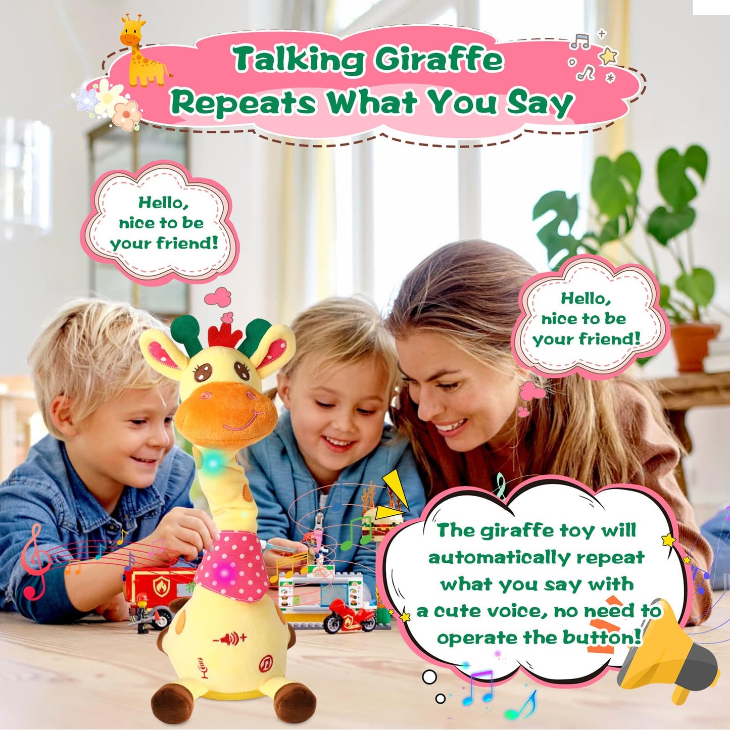 MIAODAM Dancing Talking Giraffe Stuffed Animals, Singing 10 Children's Song, Repeats What You Say, Colorful Glowing Giraffe Plush Baby Toys for Toddlers 1-3 Years，Easter Day Gifts for Kids