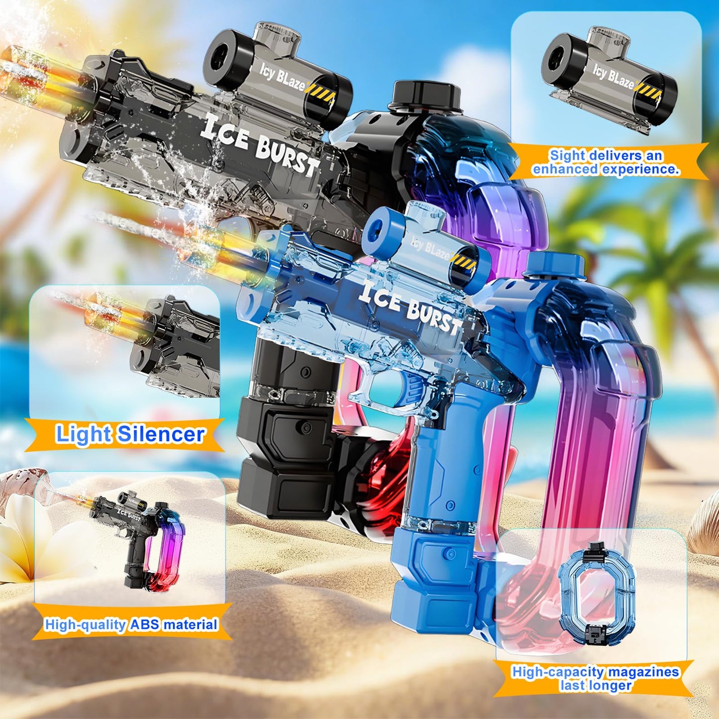 UROINT Electric Water Gun for Adults Kids,Powerful Automatic WaterGun with Led Light Long Range, Transparent Electric Squirt Gun Blaster Outdoor Pool Party Toy Gift for Boys Girls (Pistol 2Pack)