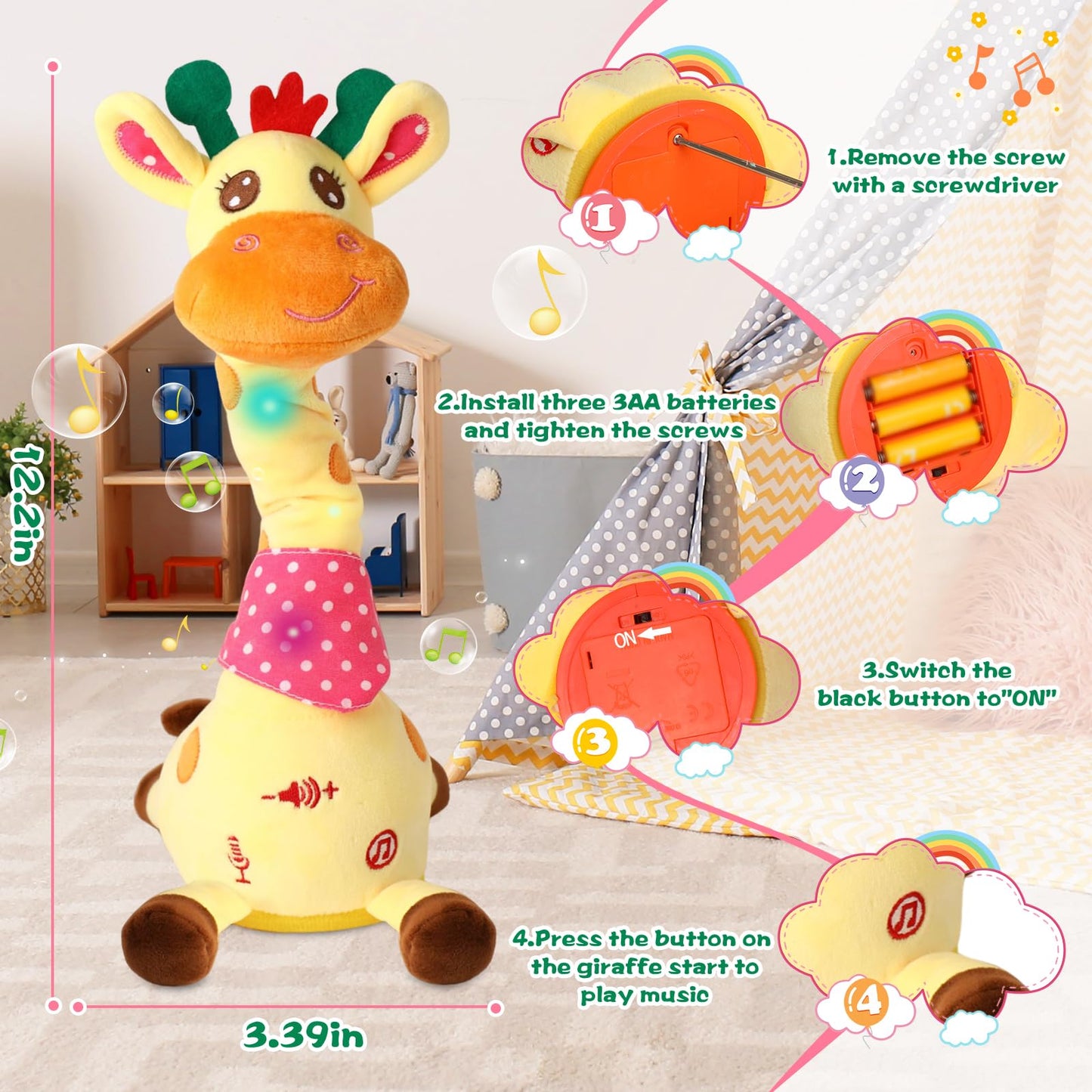 MIAODAM Dancing Talking Giraffe Stuffed Animals, Singing 10 Children's Song, Repeats What You Say, Colorful Glowing Giraffe Plush Baby Toys for Toddlers 1-3 Years，Easter Day Gifts for Kids