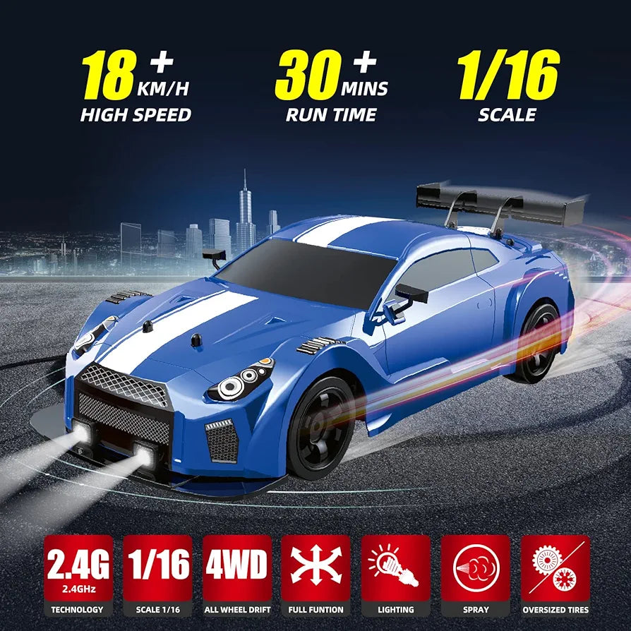 RC Drift Car 2.4GHz 1:16 Scale 4WD High Speed Remote Control Cars Vehicle with LED Lights Two Batteries and Drifting Tires Racing Sport Toy Cars for Adults Boys Girls Kids