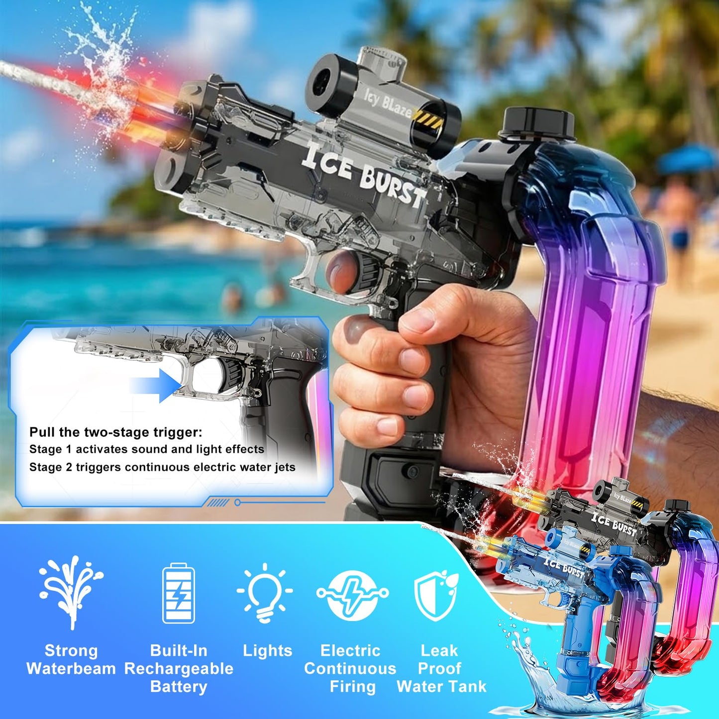 UROINT Electric Water Gun for Adults Kids,Powerful Automatic WaterGun with Led Light Long Range, Transparent Electric Squirt Gun Blaster Outdoor Pool Party Toy Gift for Boys Girls (Pistol 2Pack)