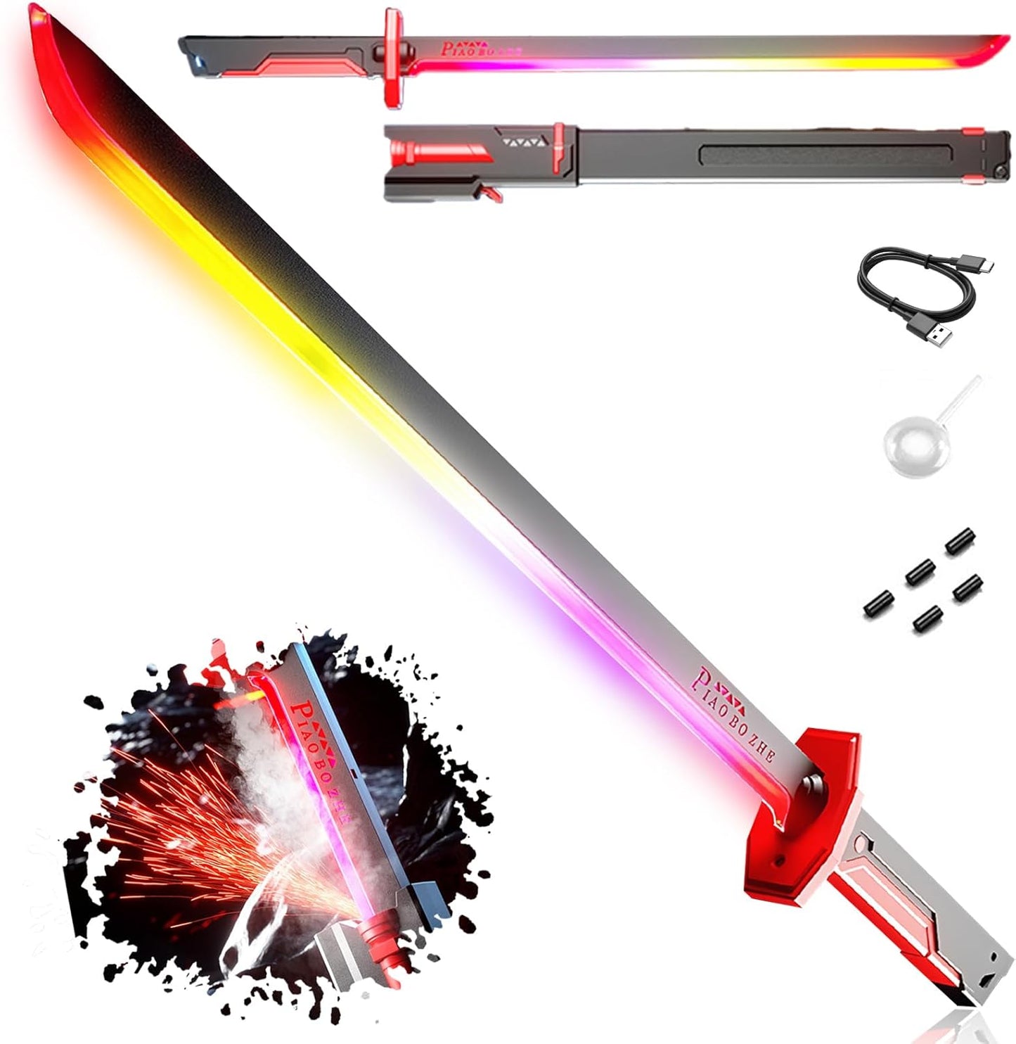 Spark Sword Light Up Sword, 31.5" Cyberpunk Katana with USB-C Rechargeable, Safe LED Glow Sword for Kids Cosplay, Realistic Sasuke Style Toy for Halloween, LARP, Anime Battle & Gift (Grey)